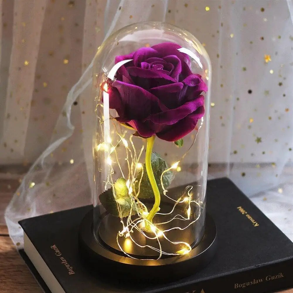 Rose éternelle Sous Cloche Lumineuse Violette |