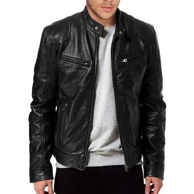 Blouson à Col Motard En Cuir | France-Tendance